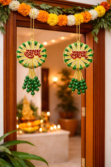 Elegant pearl Shubh Labh hanging for entrance door decoration