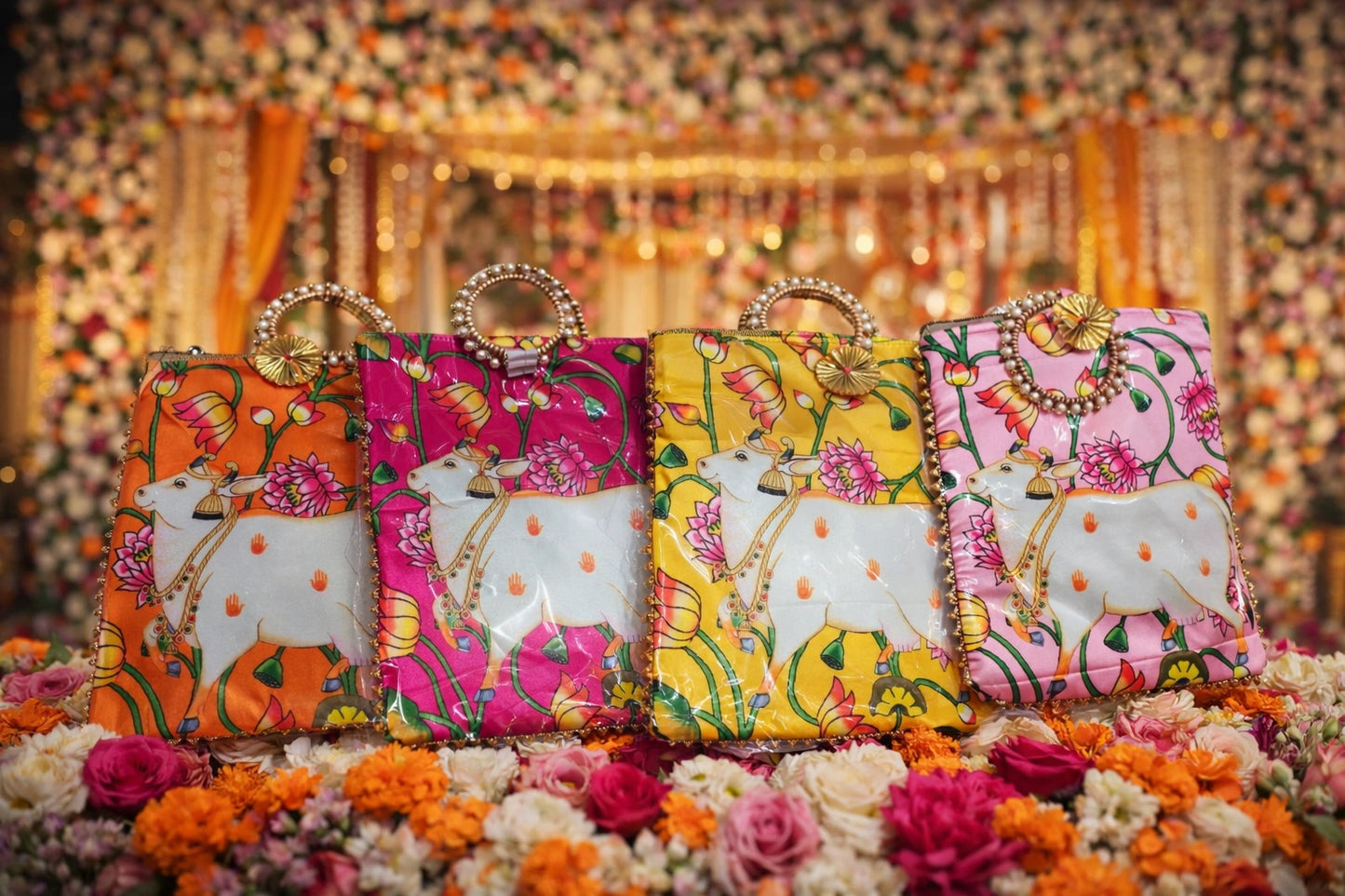 Traditional Pichwai art potli bag for Indian wedding return gifts