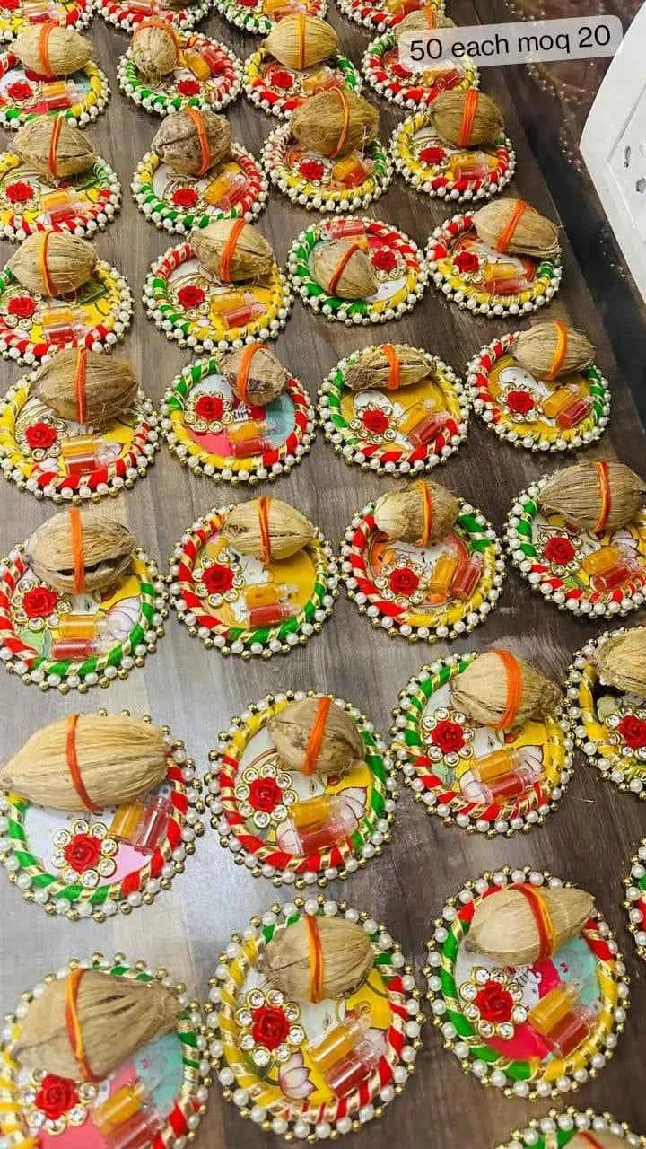 Handmade Pichwai style MDF pooja thali with decorative buta and small nariyal for Indian wedding ceremonies