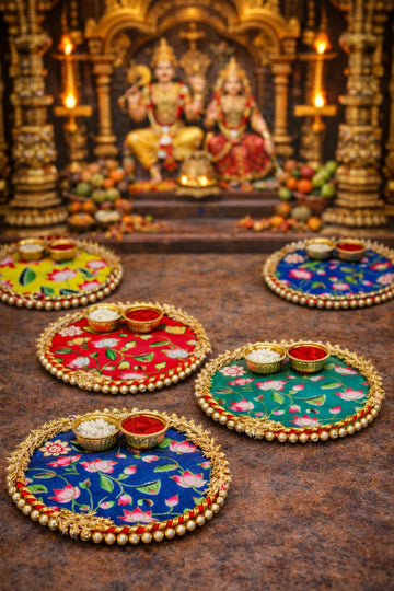Traditional Pichwai design roli chawal plate used for tilak and pooja rituals