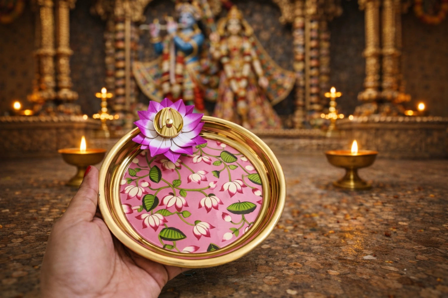 Traditional Pichwai Roli Chawal thali with diya used for tilak, roli chawal rituals and festive pooja ceremonies
