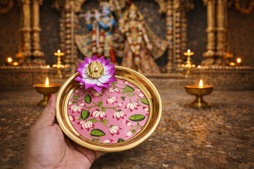 Traditional Pichwai Roli Chawal thali with diya used for tilak, roli chawal rituals and festive pooja ceremonies