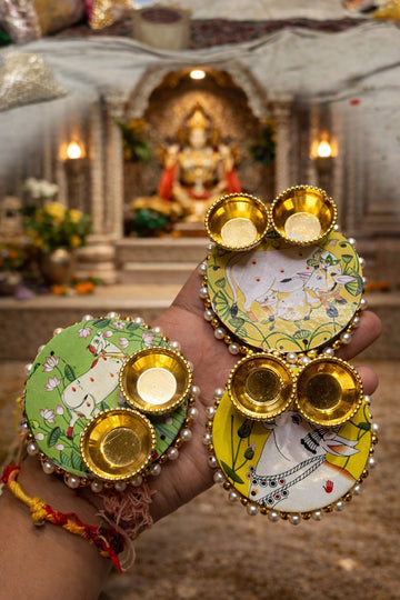 Elegant Pichwai theme roli chawal plate for pooja, festival rituals and traditional ceremonies