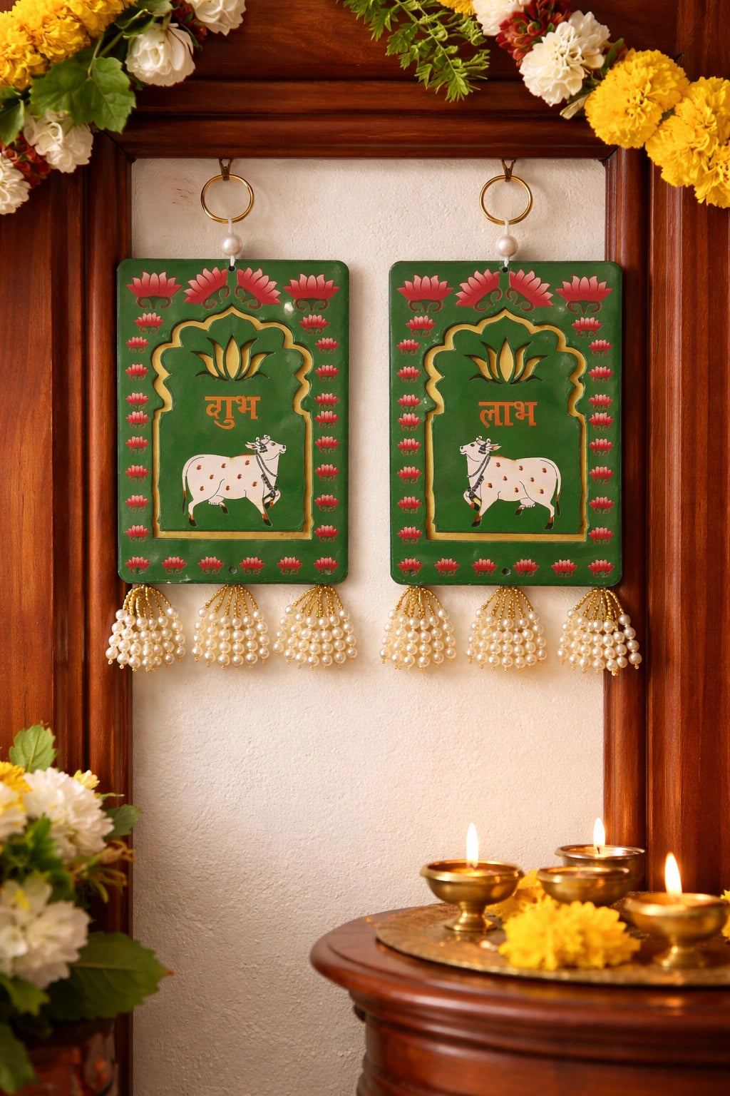 Auspicious Shubh Labh wall hanging with cow print for Diwali decoration