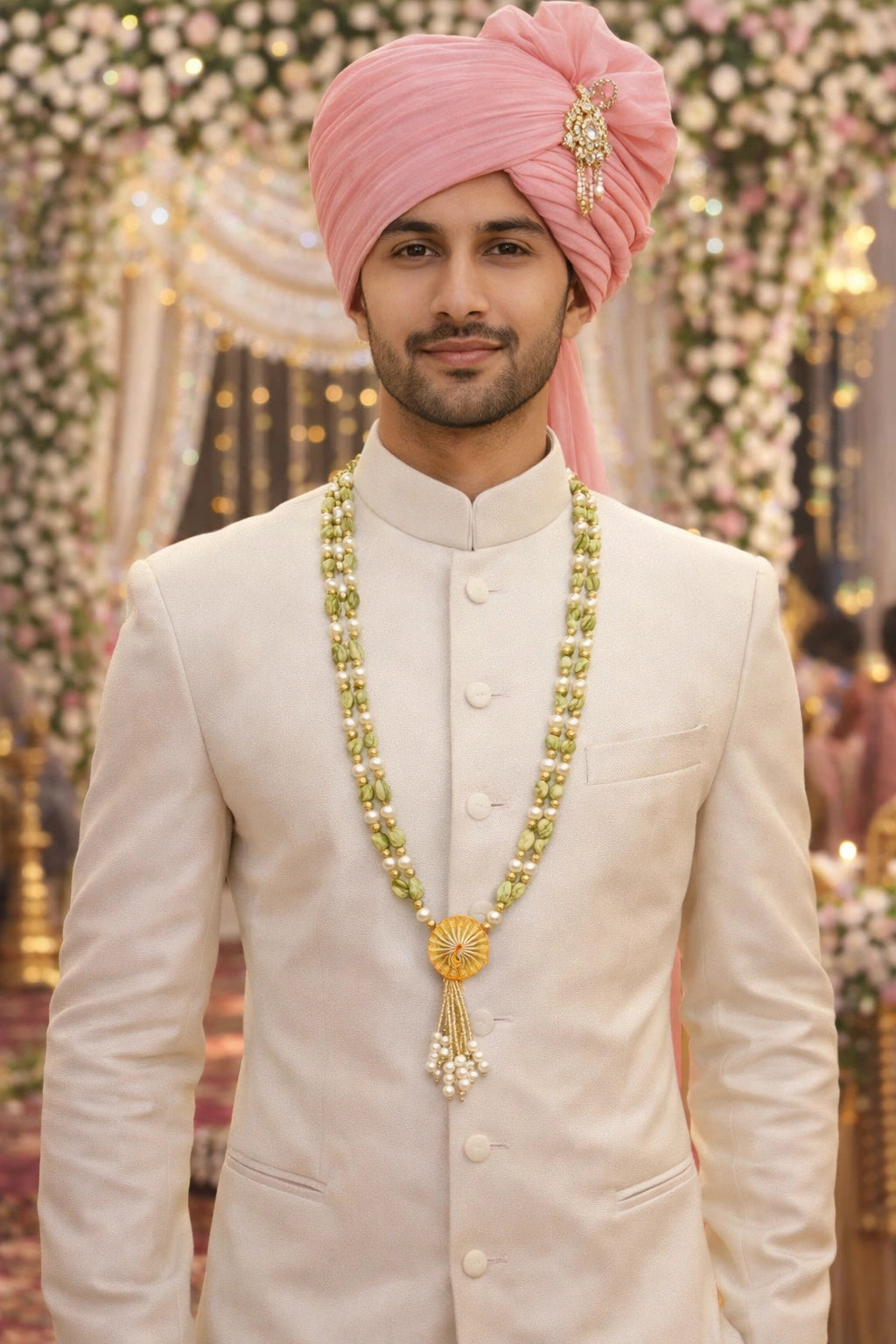 Wedding pearl mala necklace for men with royal green beads