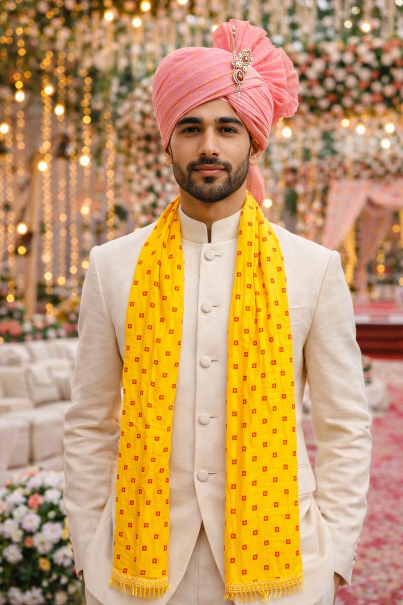 Traditional yellow bandhej phatka for wedding welcome ceremony