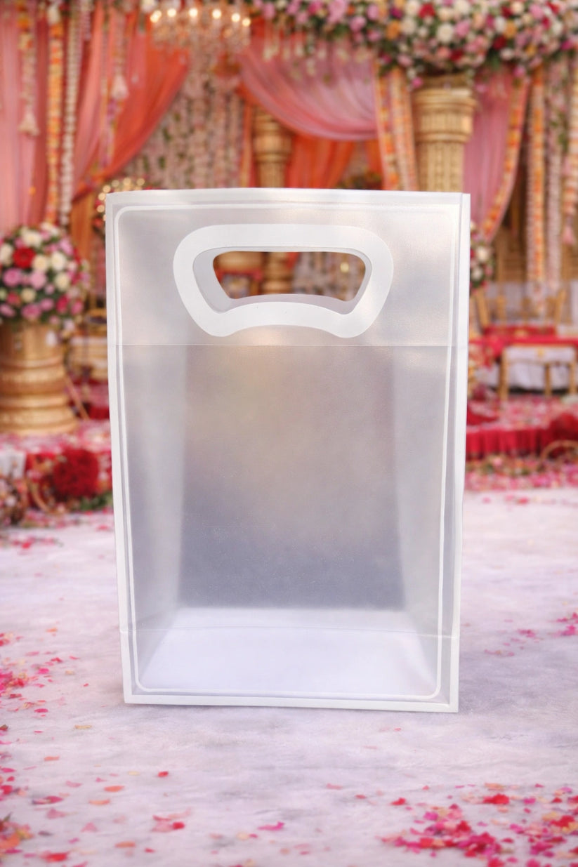 Transparent poly bag used for safe packing, storing, and displaying gifts, accessories, and retail products