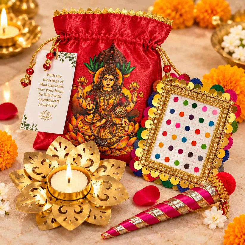 Urli Tea Light with Mehndi & Bindi in Durga Potli | Traditional Festive Gift Set