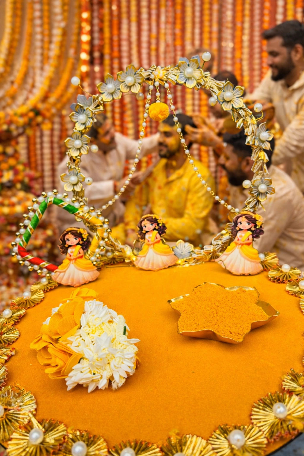Wedding haldi pooja thali with traditional Indian design for bride ceremony