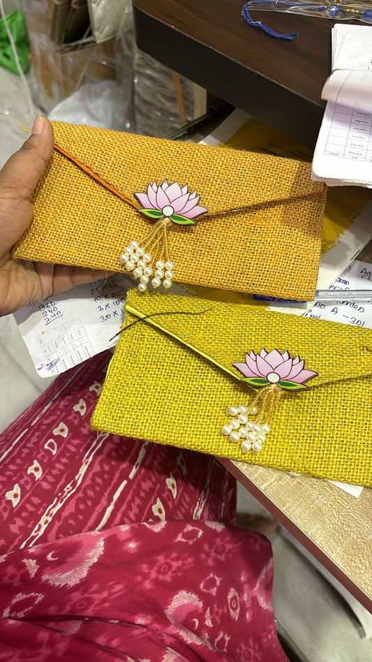 Designer Jute Envelope with Lotus Motif for Indian Ceremonies - Chaukhat Hampers