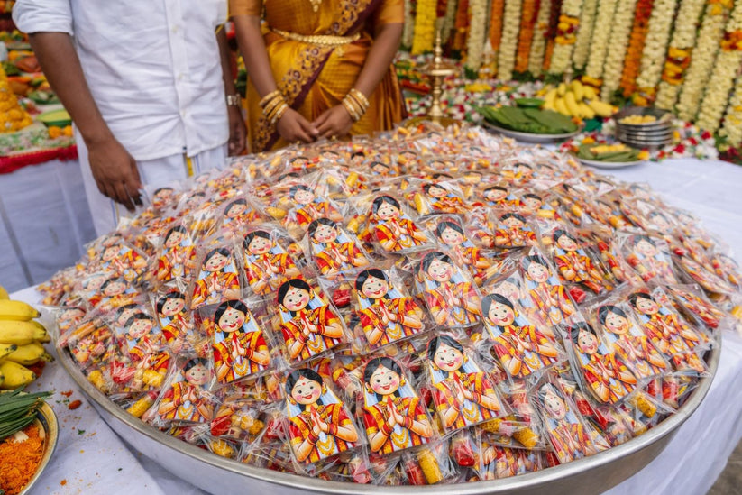 Large platter of small packages with decorative figures on a table with people in traditional attire.