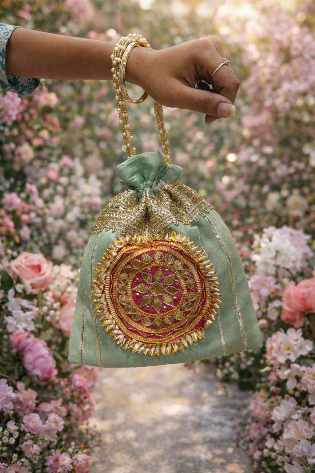 Traditional Gota Patti Potli Bag with Handle for Women Wedding Return Gifts