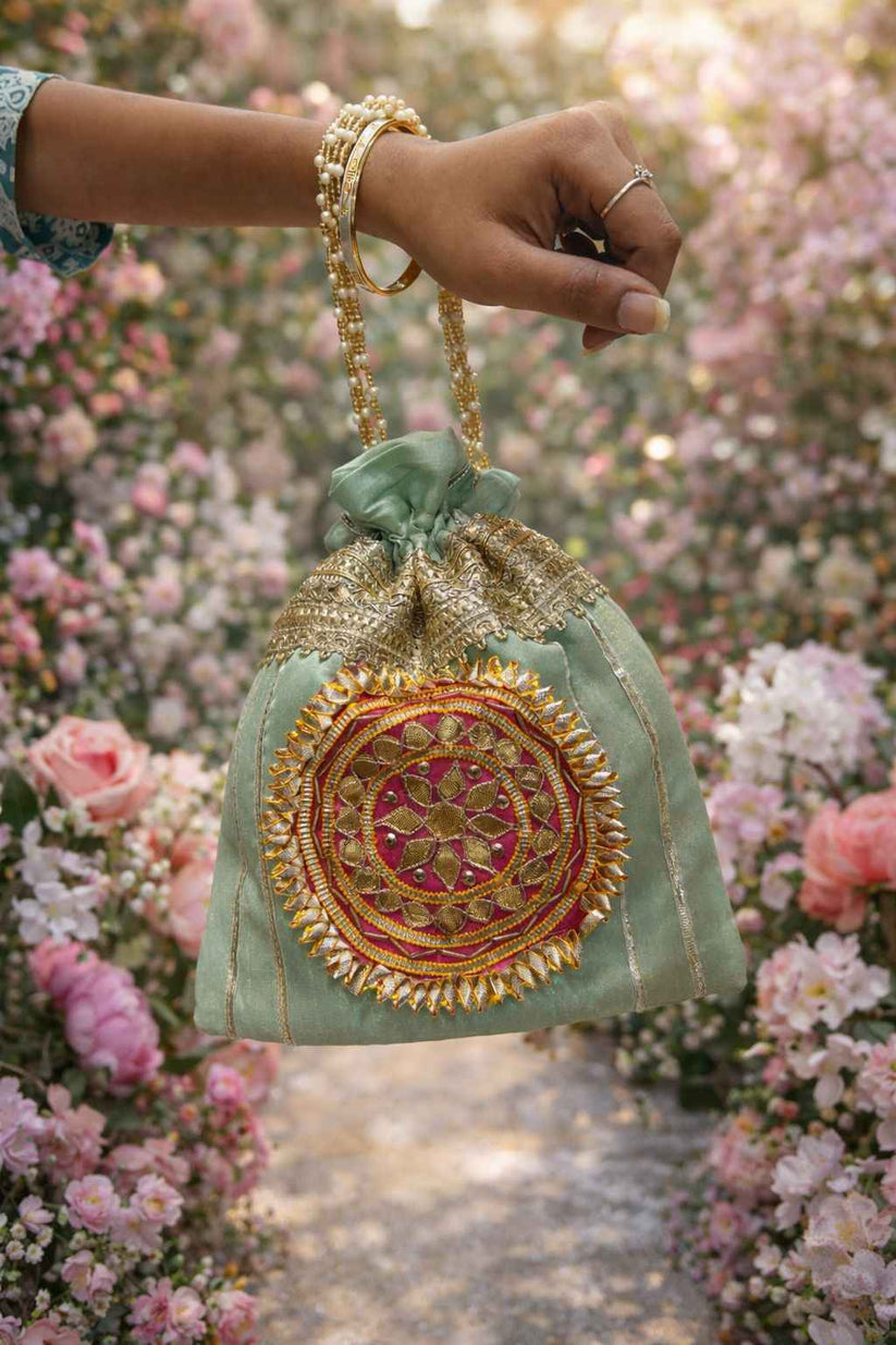 Traditional Gota Patti Potli Bag with Handle for Women Wedding Return Gifts