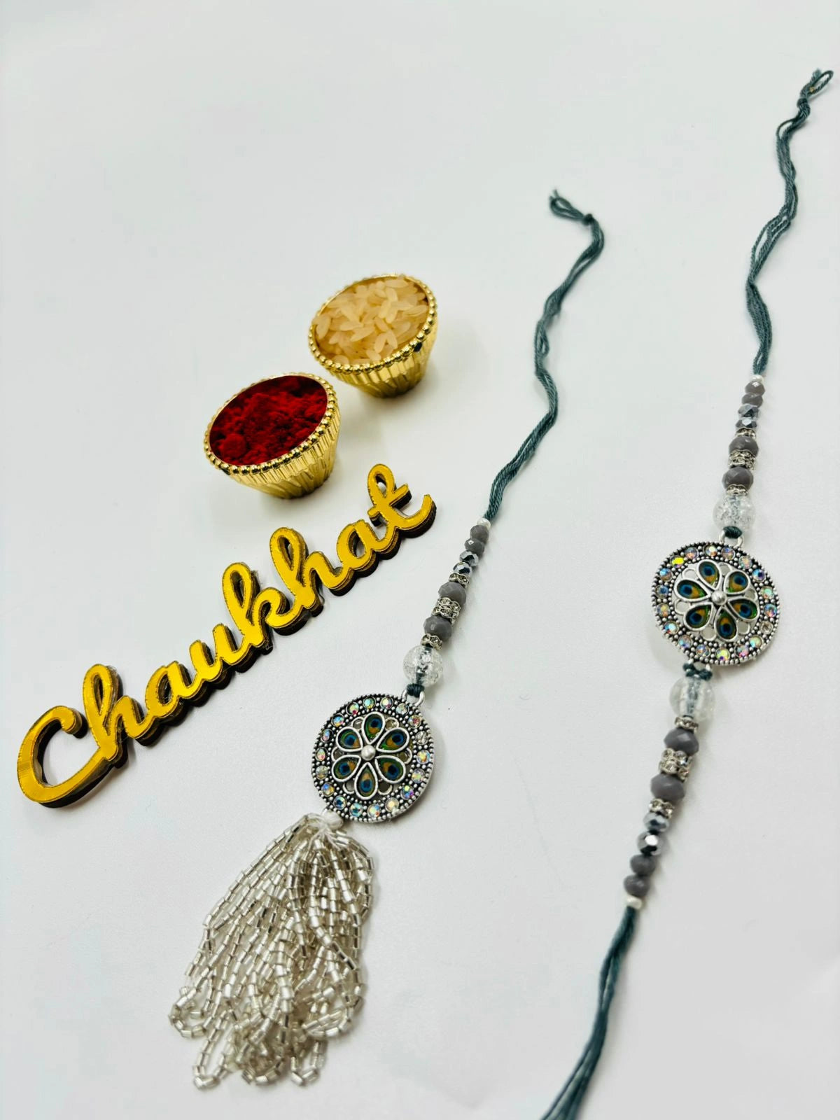Designer Rakhi & Lumba Rakhi Set with Beads and Tassel for Bhaiya Bhabhi – Elegant Raksha Bandhan