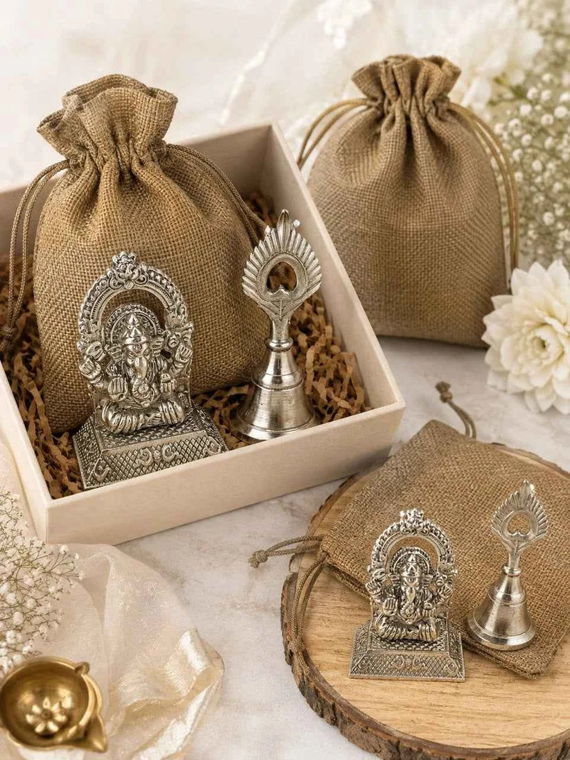 German Silver Ganesh Chaturthi Hamper with Bell & Jute Potli