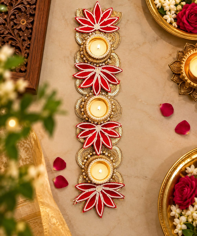 Designer Red Floral Pearl Work Tealight Holder Table Runner for Diwali Decoration
