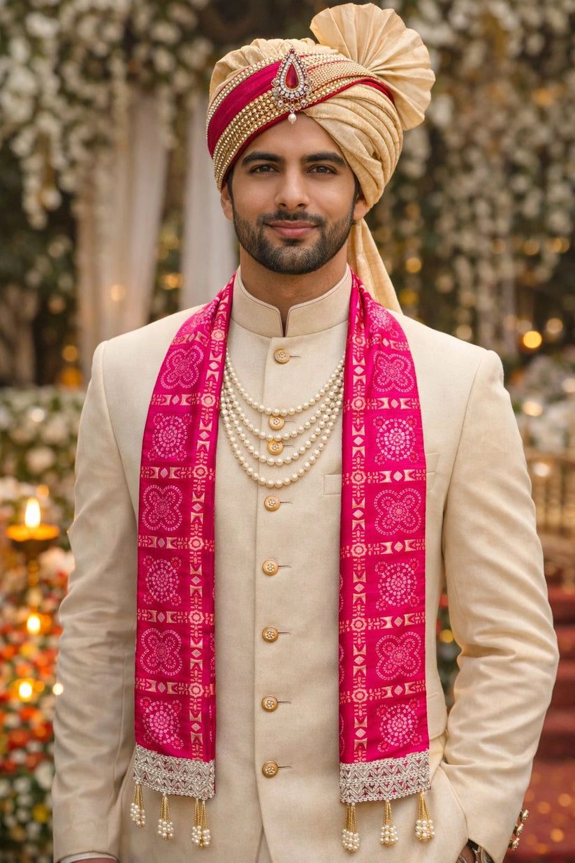 Pink Bandhej  Dupatta with Golden Border - Chaukhat Hampers