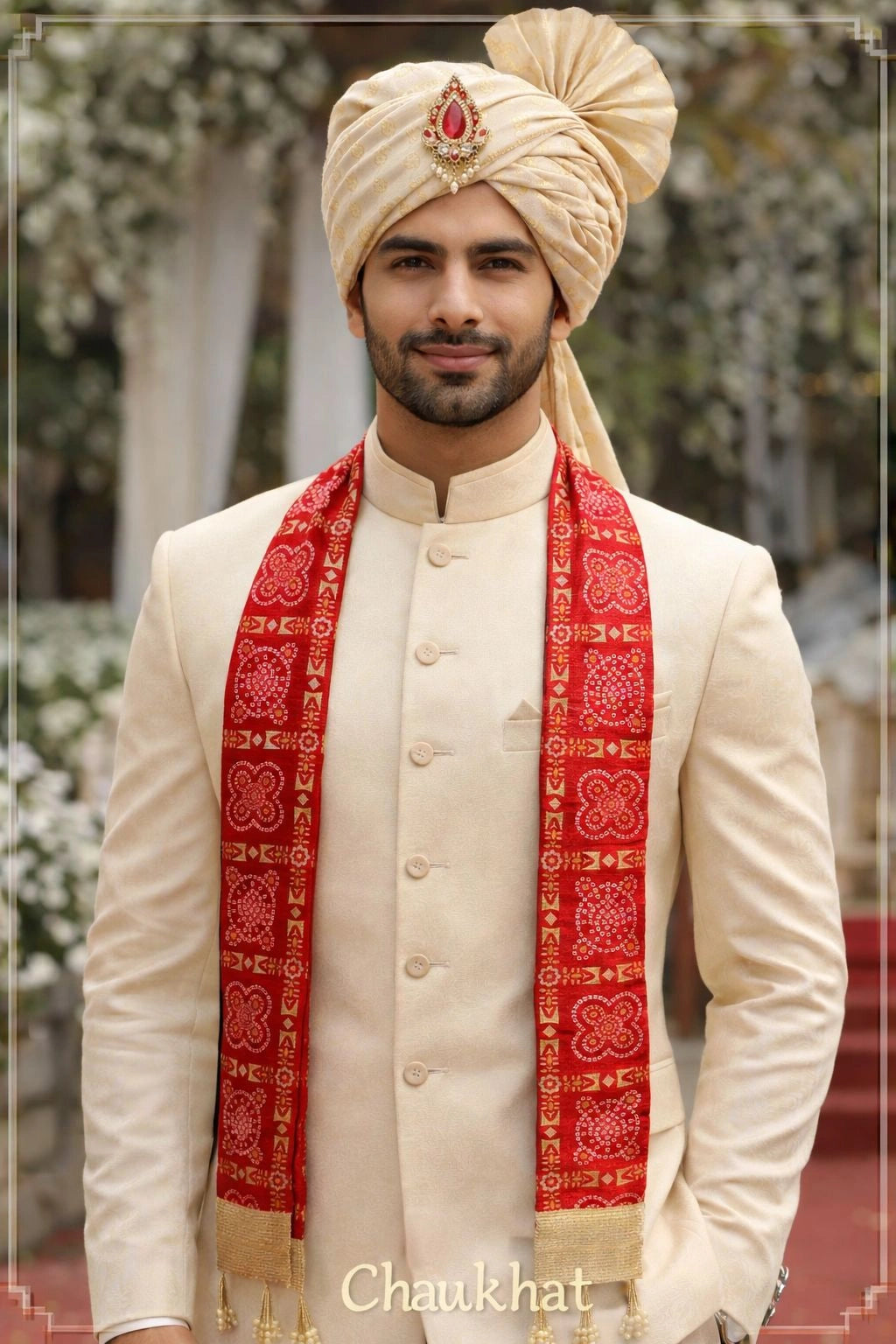 Traditional Red Bandhani Wedding Patka for Barat Swagat Ceremony - Chaukhat Hampers