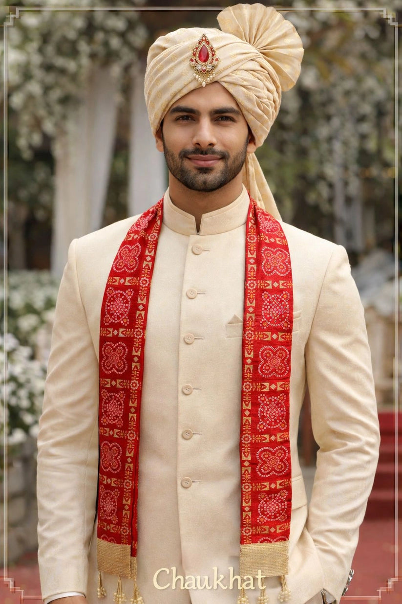 Traditional Red Bandhani Wedding Patka for Barat Swagat Ceremony - Chaukhat Hampers