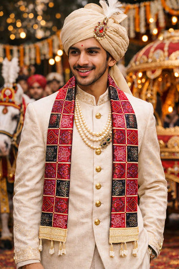 Classic Rajasthani Bandhej Phatka with Pearl Latkan for Weddings