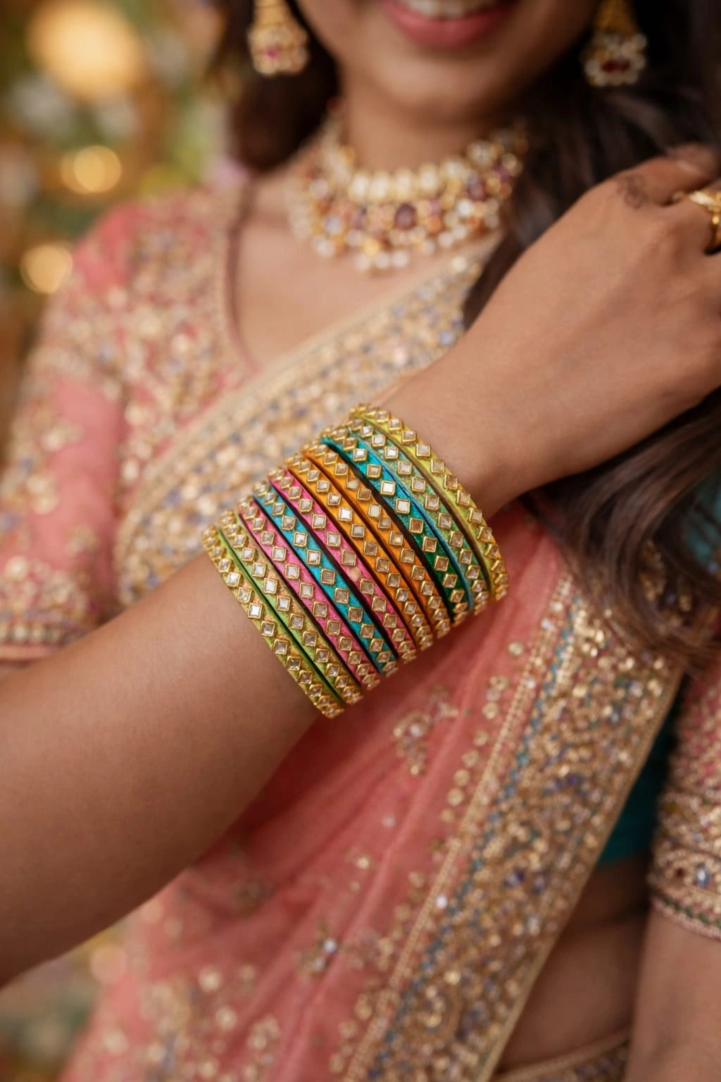 Multicolor Kundan Silk Bangles for Festive Wear ( pair)
