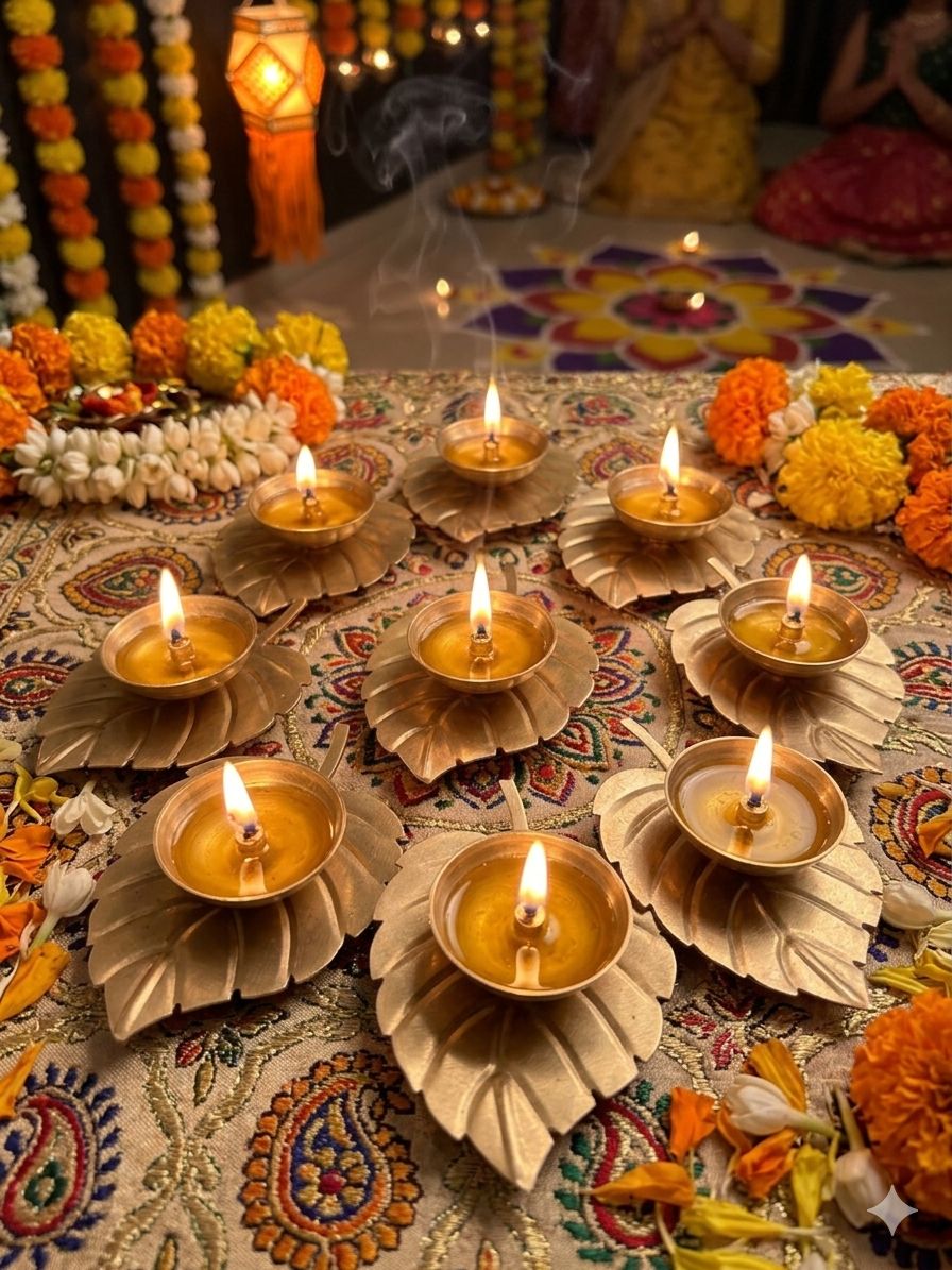 Decorative Golden Leaf Brass Diya for Spiritual Home Decor
