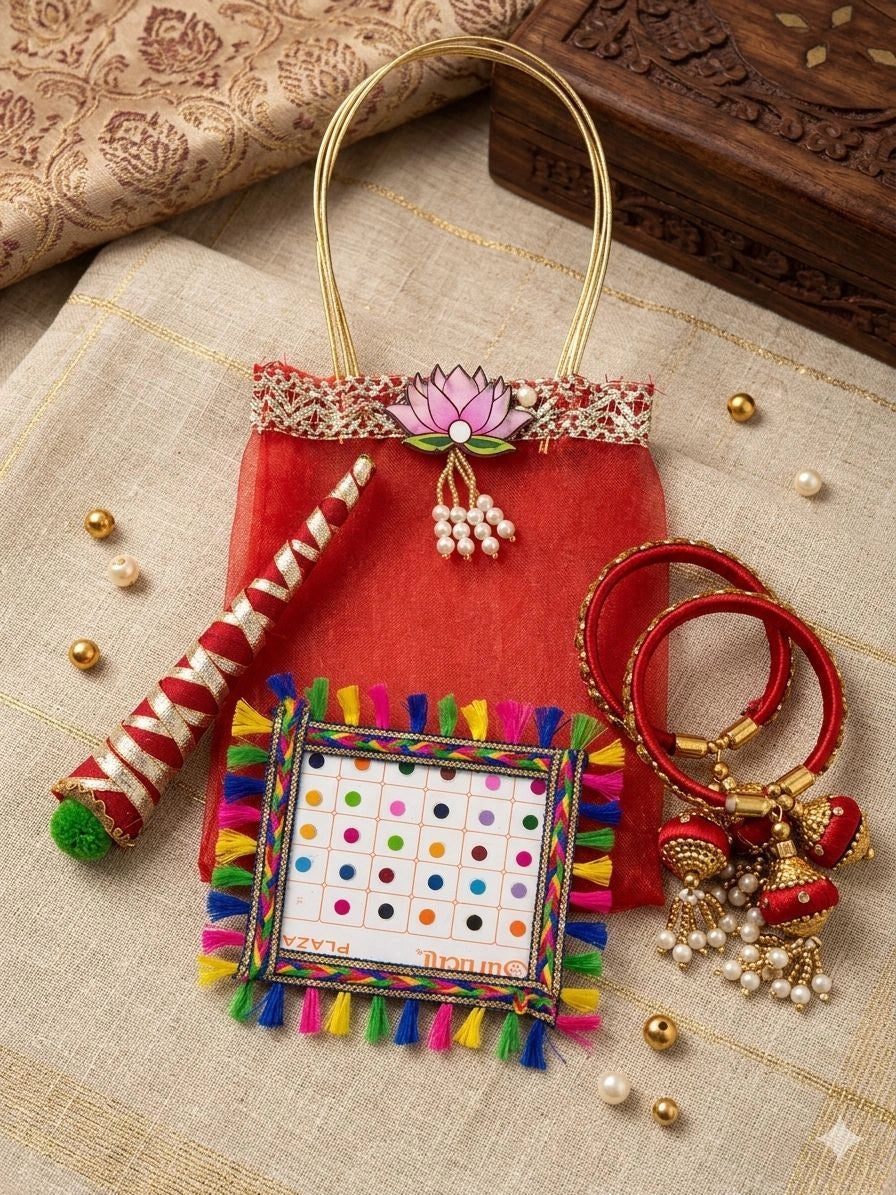 Hariyali Teej Gift Set | Organza Potli Bag, Bangles, Mehndi & Bindi | Traditional Teej Gift Set