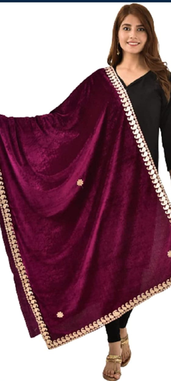 Wine velvet dupatta with elegant golden scallop border for festive and wedding wear