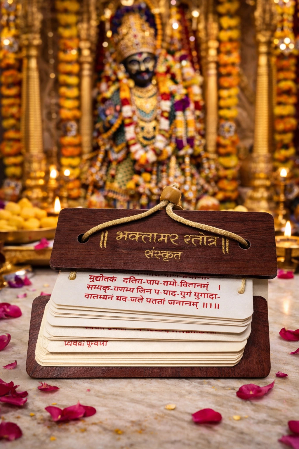 Handcrafted wooden Bhaktamar Stotra Sanskrit path card set for Jain puja rituals