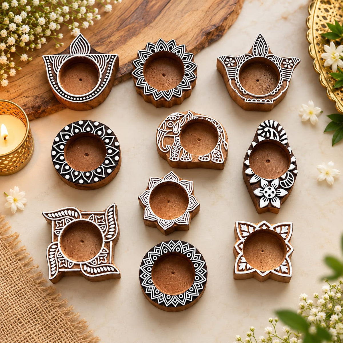 2.5 inch wooden tea light holder for Diwali pooja wedding and home decoration