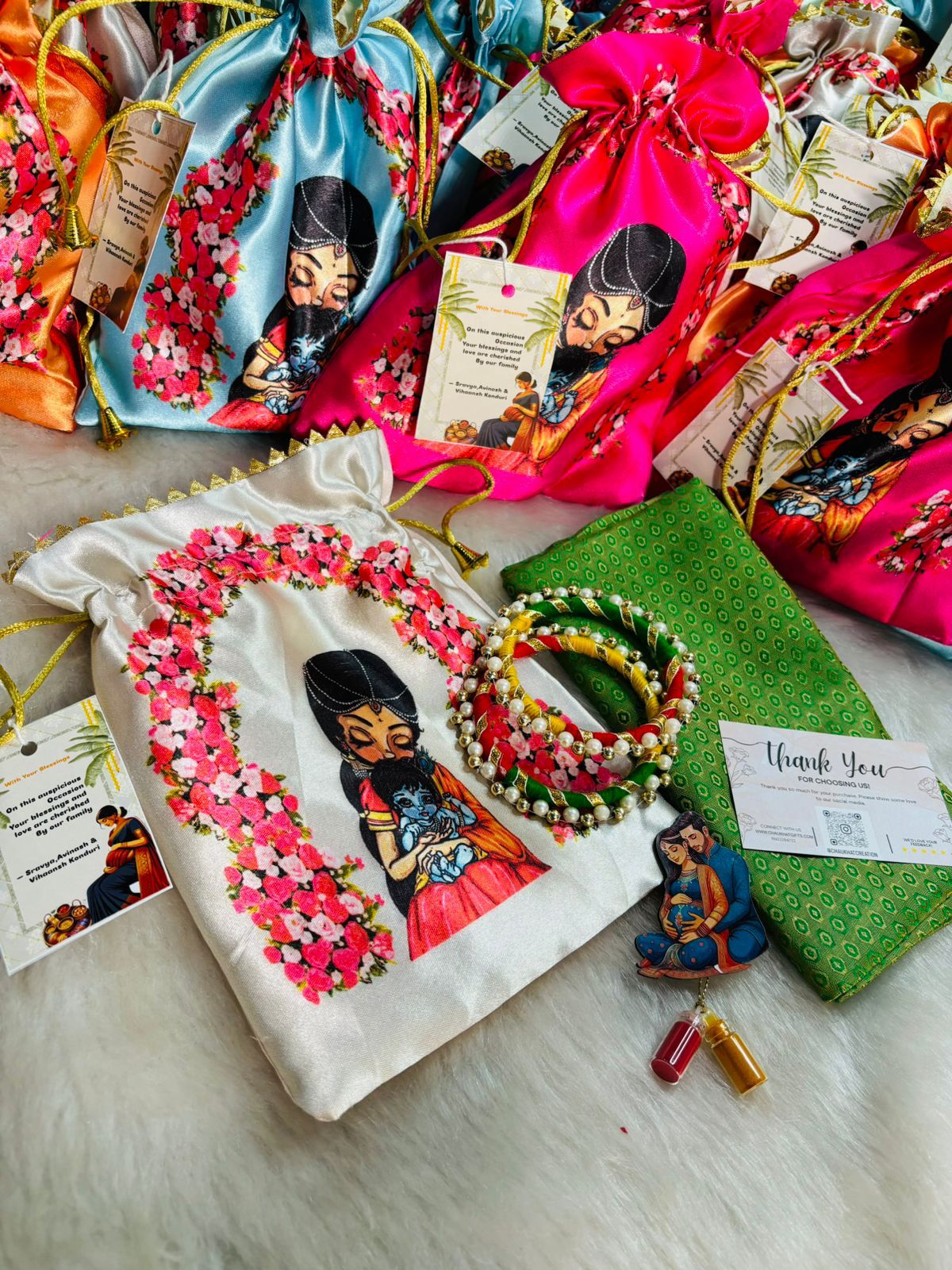 Yashoda and Gopal printed potli bag used for haldi kumkum and bangle wedding gifting