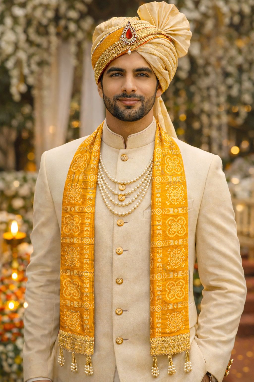 Yellow colour bandhej phatka used for traditional Indian wedding welcome and baraat swagat decoration