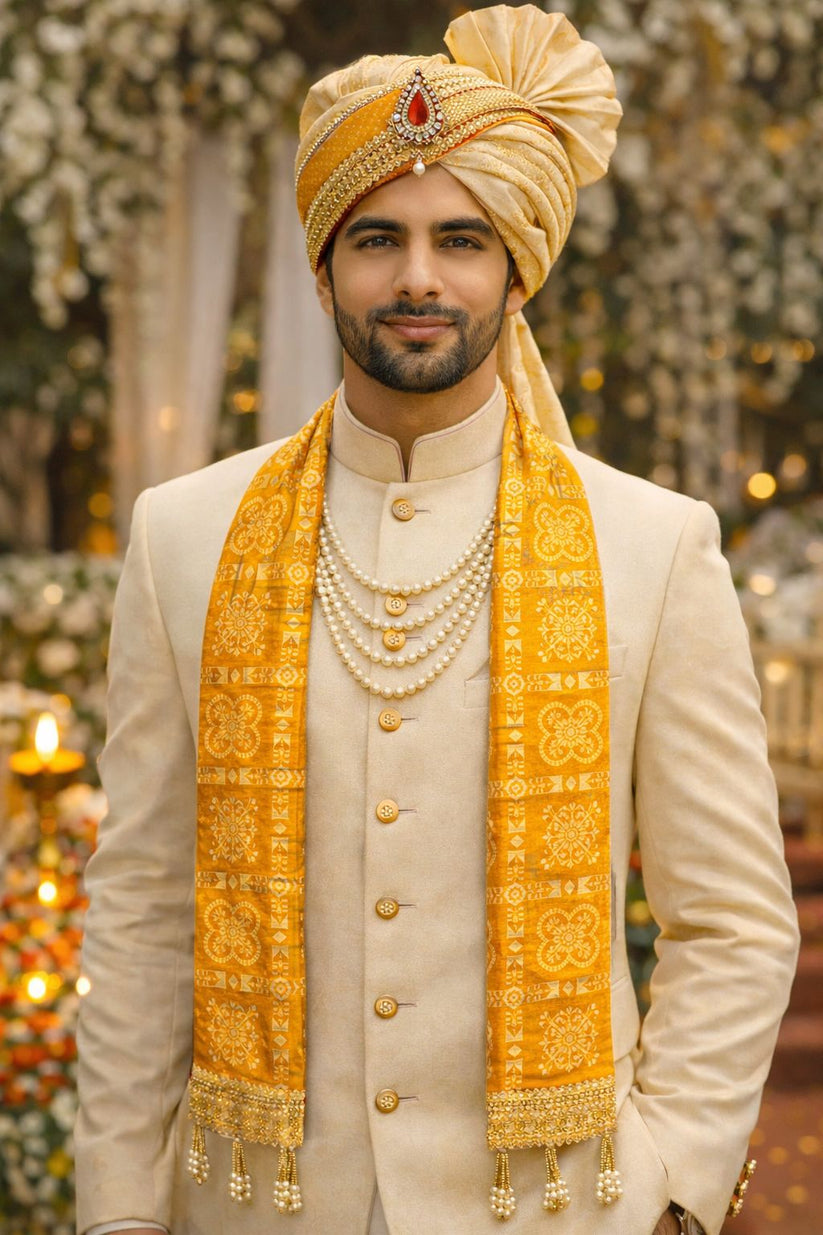 Yellow colour bandhej phatka used for traditional Indian wedding welcome and baraat swagat decoration