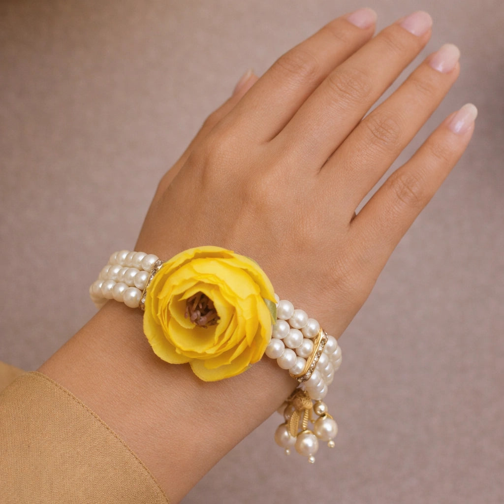 Beautiful yellow floral pearl bracelet for women perfect for festive wear weddings and traditional outfits