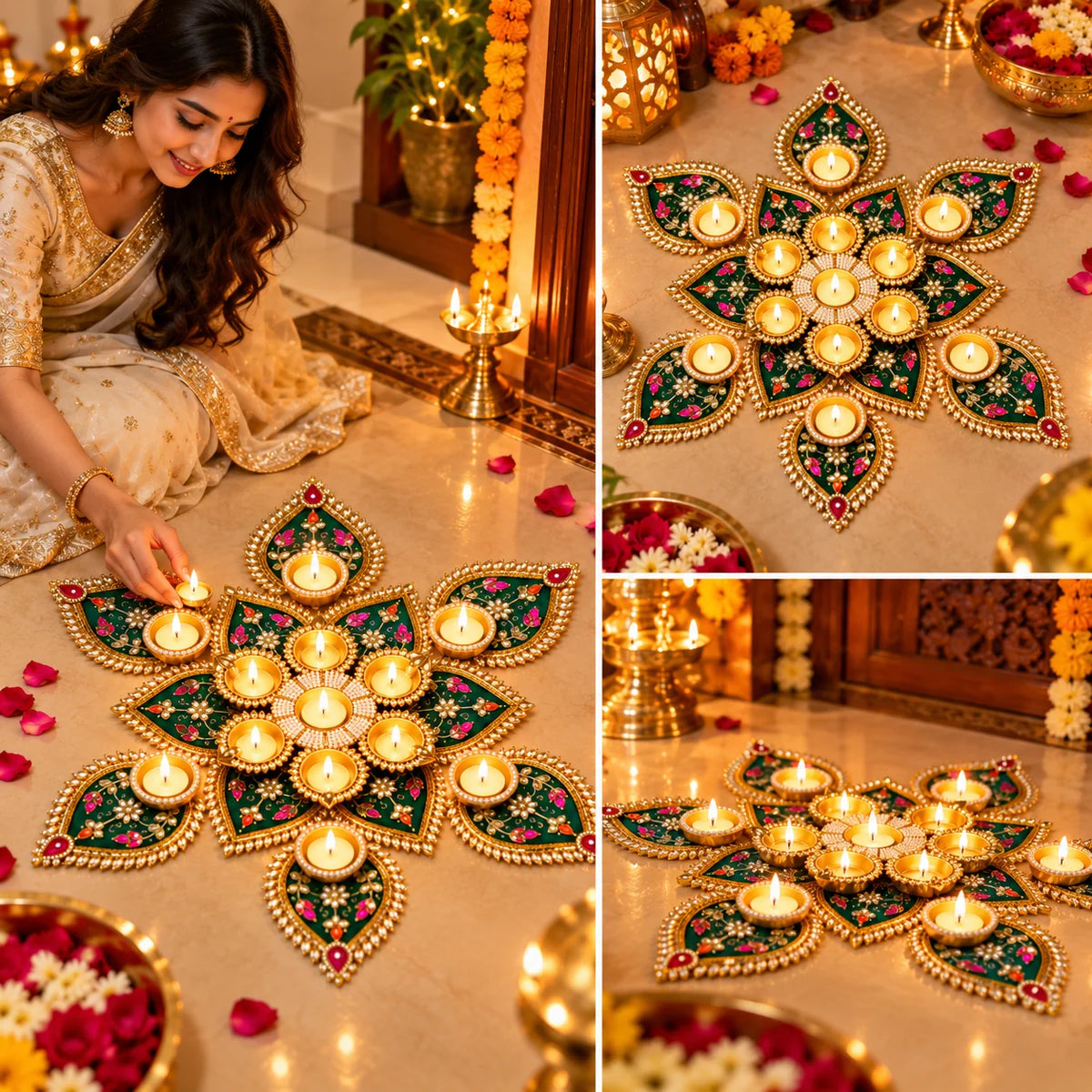 Designer Peacock Rangoli Set | Decorative Tealight Holder for Diwali, Pooja & Festive Home Decor ( 1 pieces )
