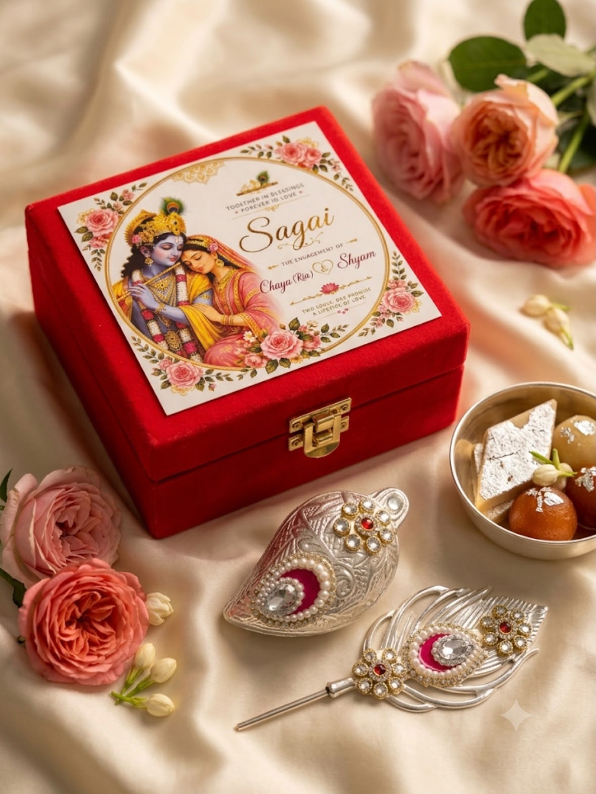 Customized Engagement Gift Box in German Silver Kumkum Box & Tilak Stick | Premium Ring Ceremony Return Gift for Couples