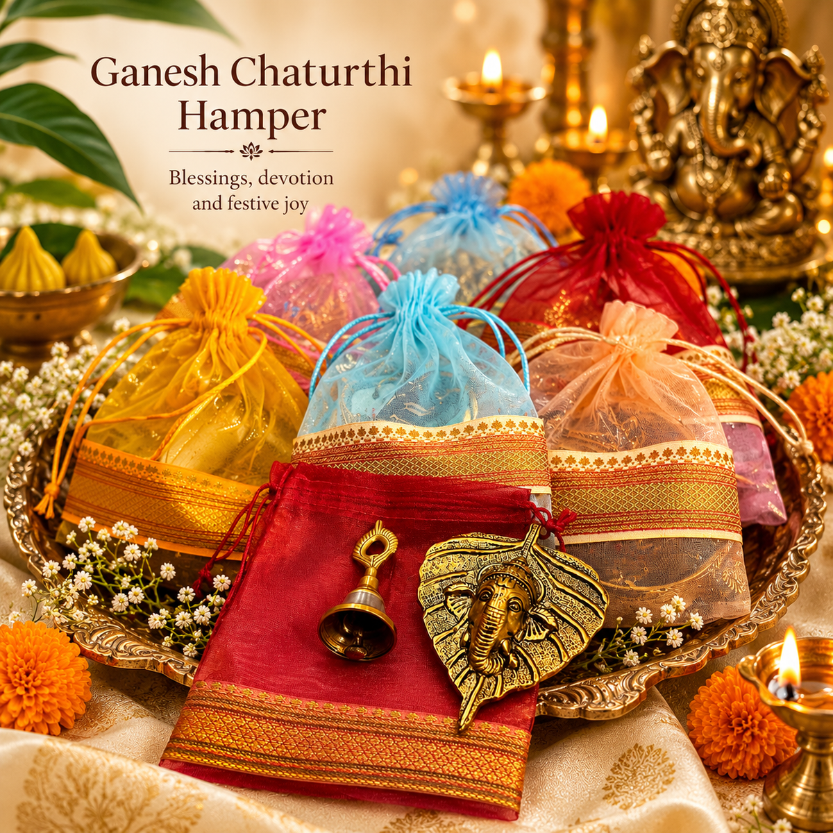 Ganesh Chaturthi Gift Hamper with Designer Potli hamper , Ganesha Idol & Pooja Bell | Premium Ganpati Return Gift Set for Festive Celebrations