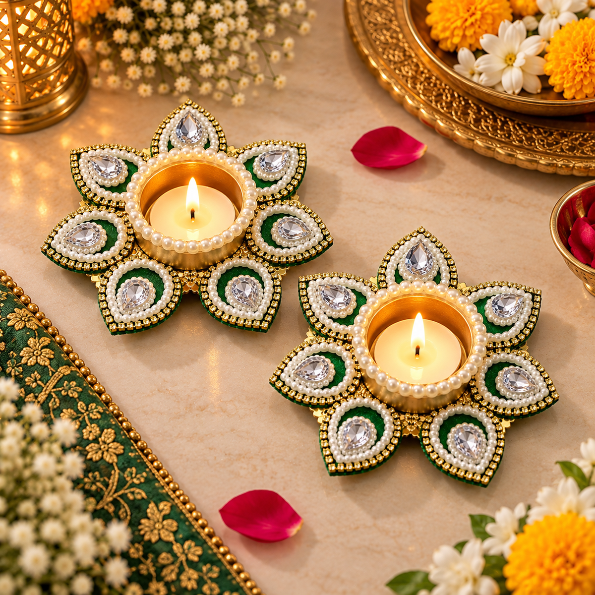 Designer Floral Tea Light Holder with Pearl & Crystal Work for Diwali & Pooja