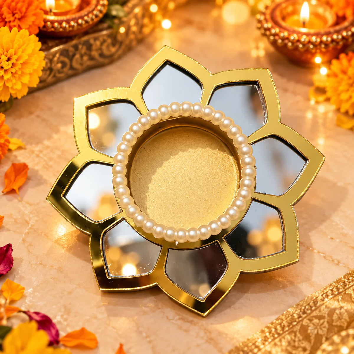 Lotus Mirror Tea Light Holder with Pearl Beads | Designer Diya Holder for Diwali & Pooja Decor( 1Piece )
