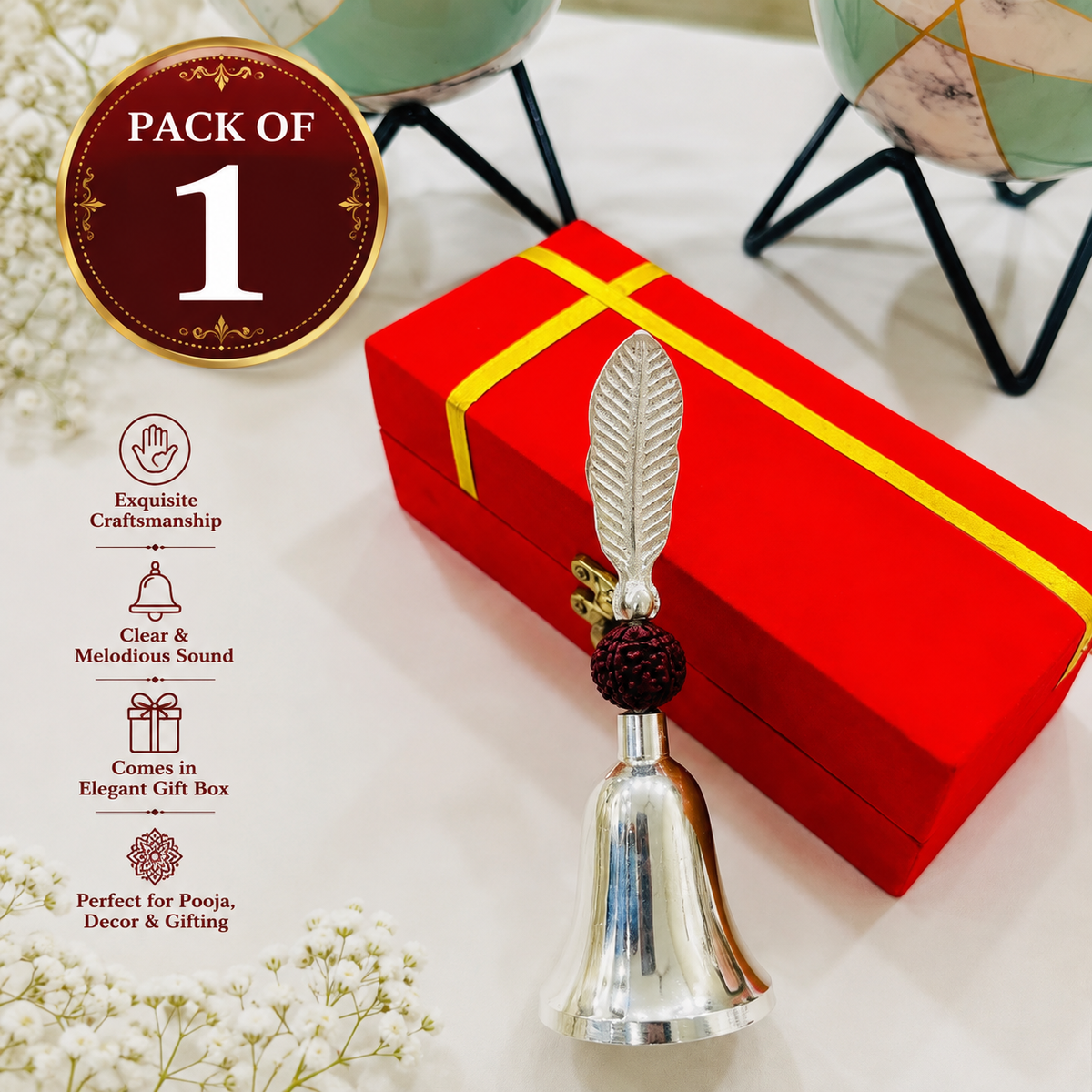 Premium German Silver Rudraksh Pooja Bell with Velvet Gift Box