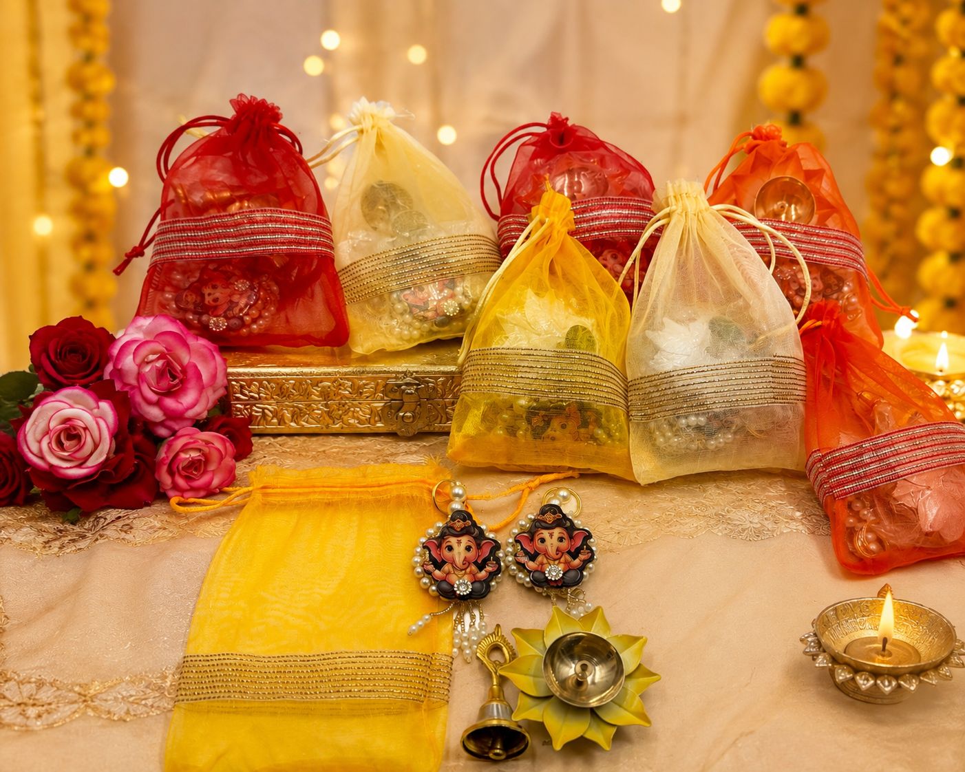 Festive return gift hamper featuring brass handicrafts and ethnic fabric bag displayed on a wooden surface