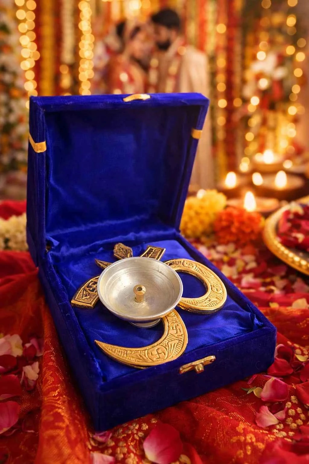 Brass Om Diya Gift Set in Velvet Box for Wedding, Pooja & Festivals