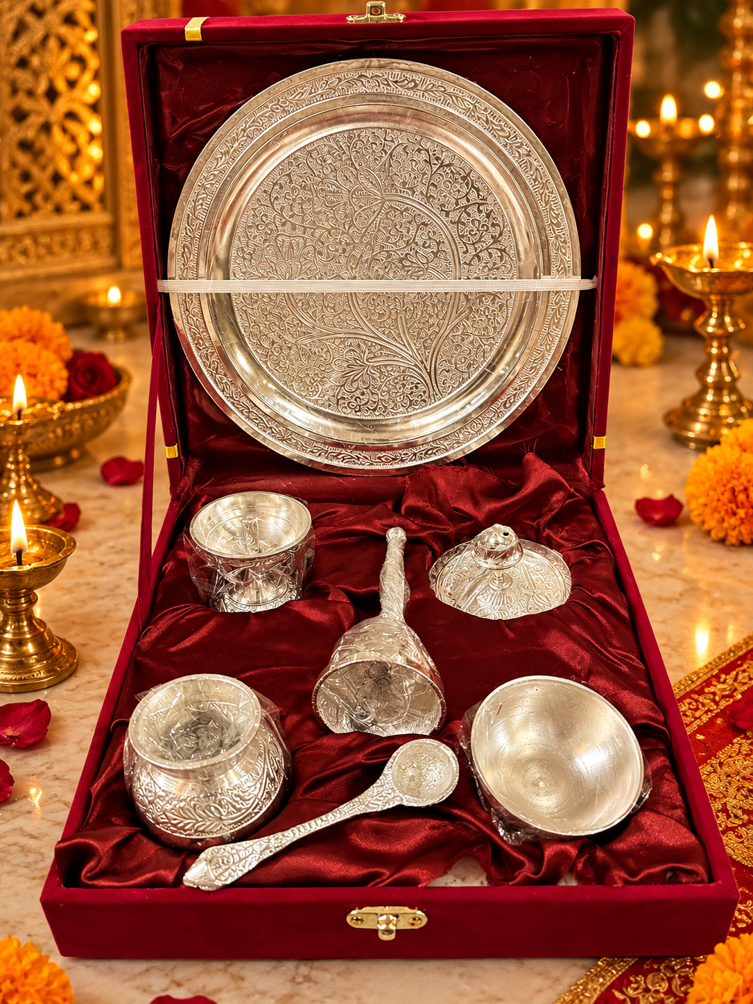 German Silver Pooja Thali Set with Roli Chawal Plate, Diya and Bell