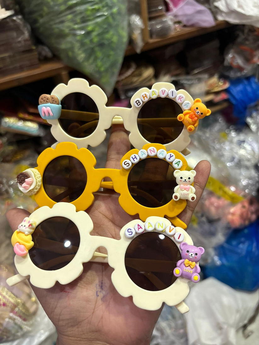 Custom name kids sunglasses with cute teddy charm for birthday and return gifts