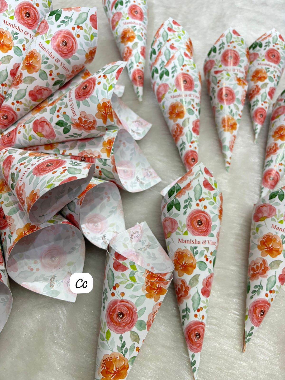 Customised petal cones printed with name and date for wedding ceremonies and events