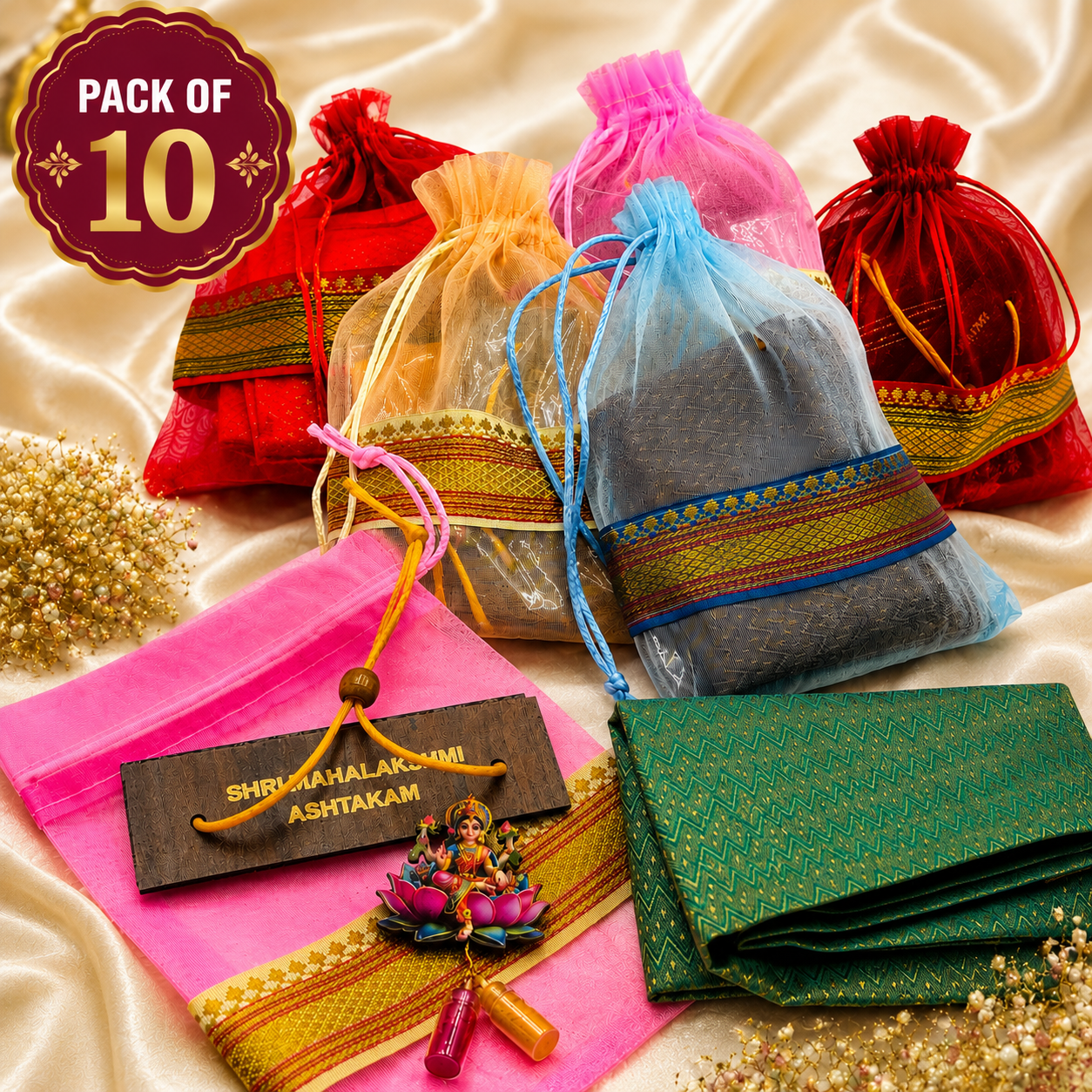 Varalakshmi Vratam Return Gift Hamper with Blouse Piece, Haldi Kumkum & Book in Potli | South Indian Varalakshmi Pooja Gift