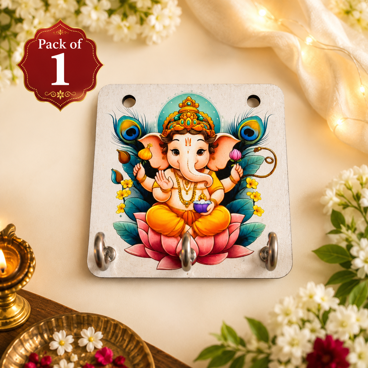 Ganesh Ji Wall Key Holder with 3 Hooks