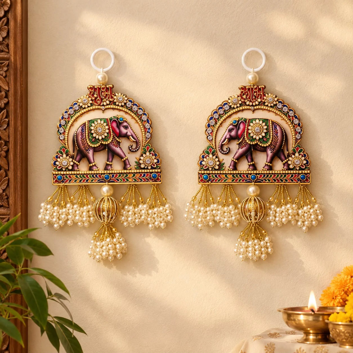 Designer elephant wall hanging pair with pearl tassels and multicolor stone work for traditional Rajasthani and Diwali decor