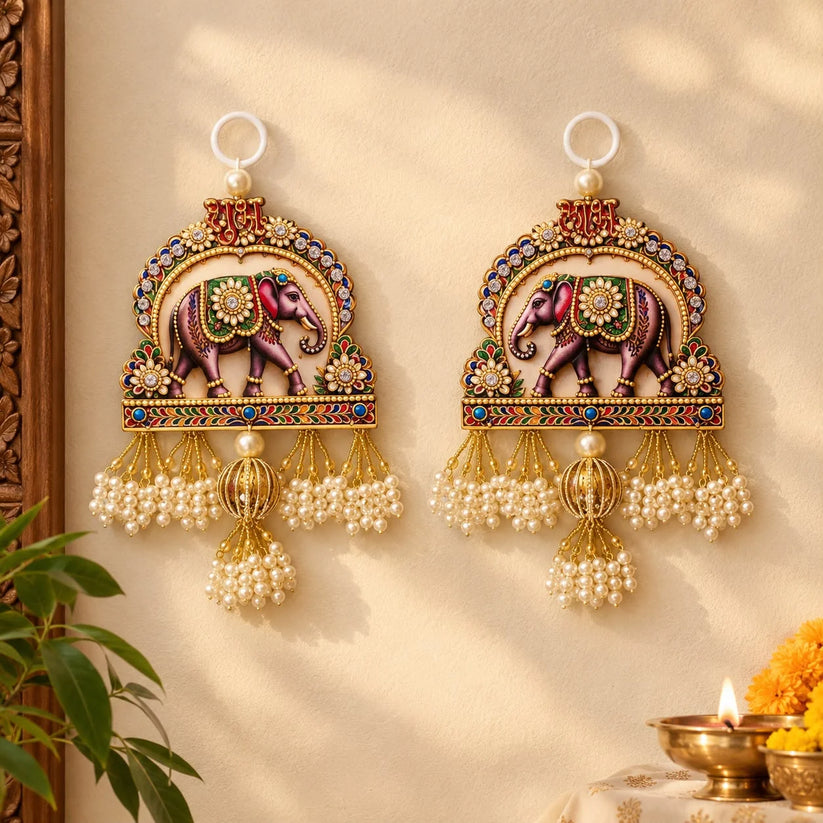 Designer elephant wall hanging pair with pearl tassels and multicolor stone work for traditional Rajasthani and Diwali decor