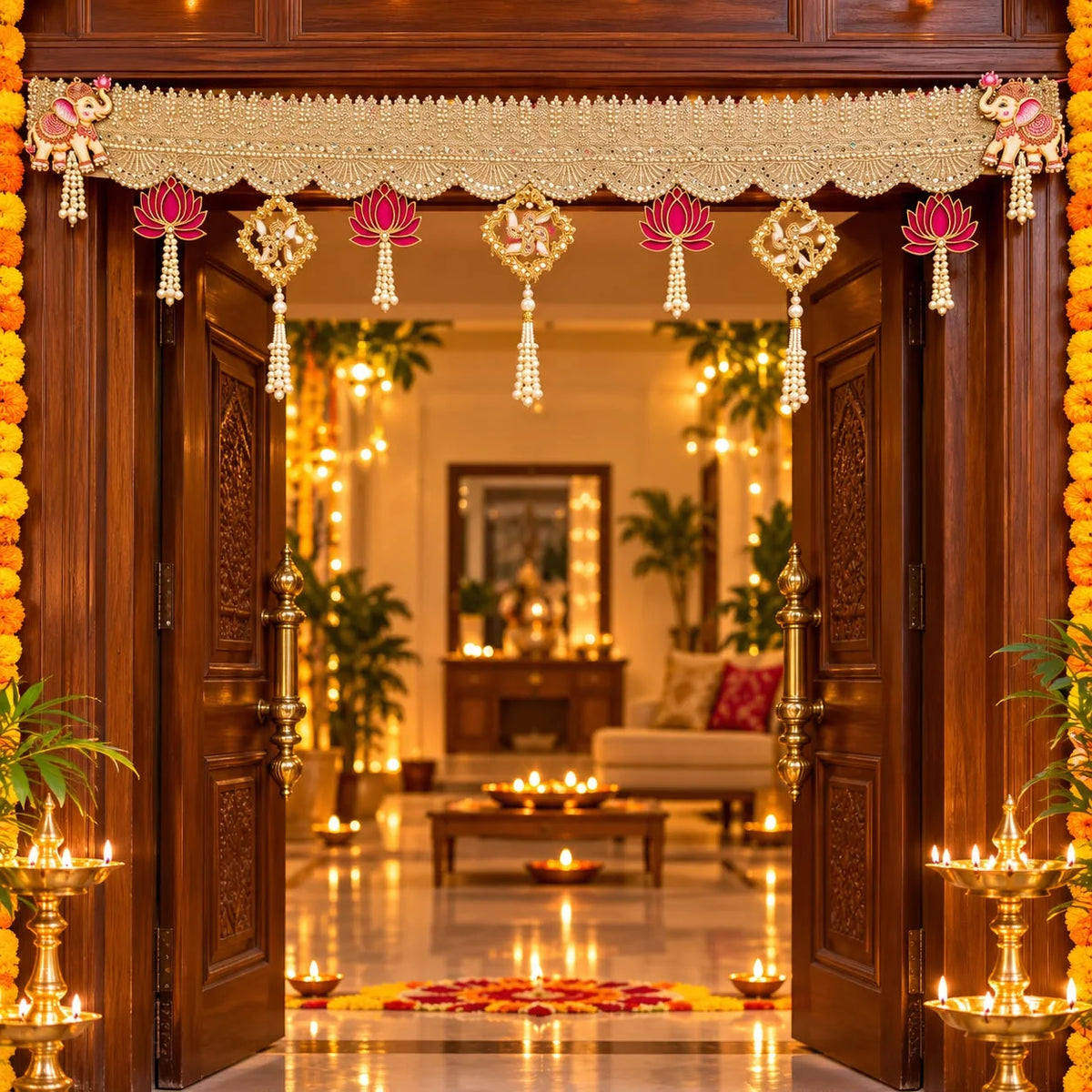 Designer golden door toran featuring elephant motifs, lotus hangings and pearl tassels for Diwali and festive home decoration  Copy alt text